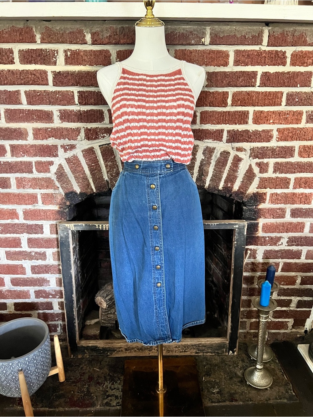 VINTAGE denim snap front midi skirt